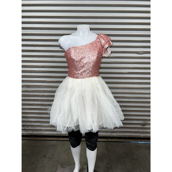 Asos dress evening tulle skirt pink sequined tip asymmetrical one sleeve - Picture 1 of 7